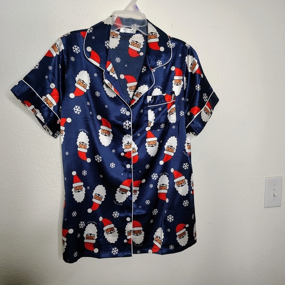NWOT Ekouaer Navy Blue Santa Claus Print Satin Pajama Set Blouse & Shorts Sz S - Picture 3 of 15